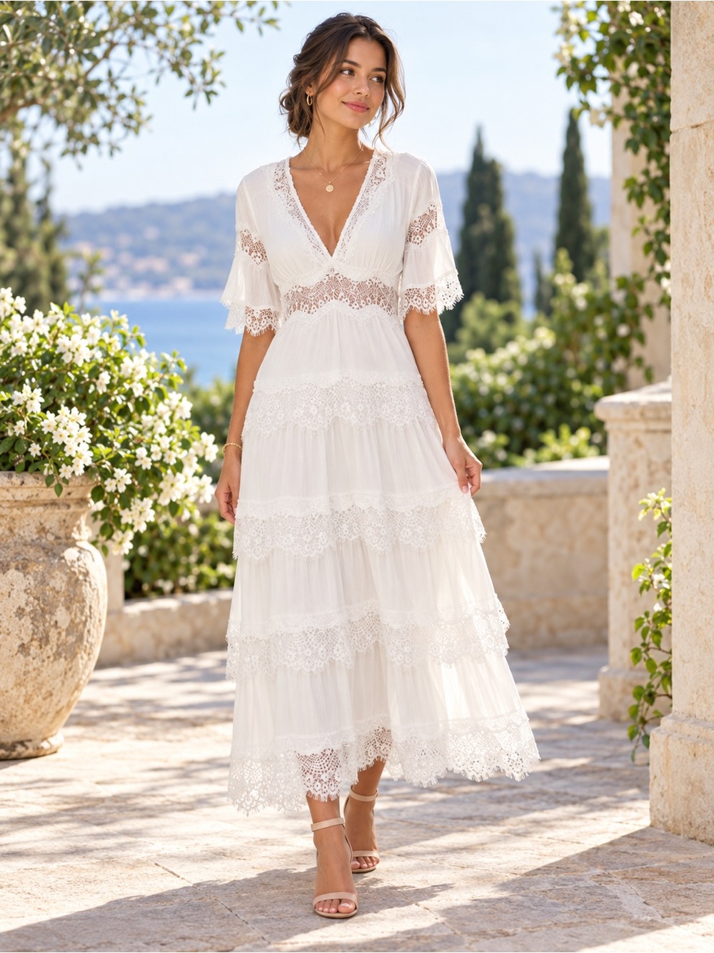 STORIA White Lace Tiered Maxi Dress V-Neck Flutter Sleeve Boho Bridal S
